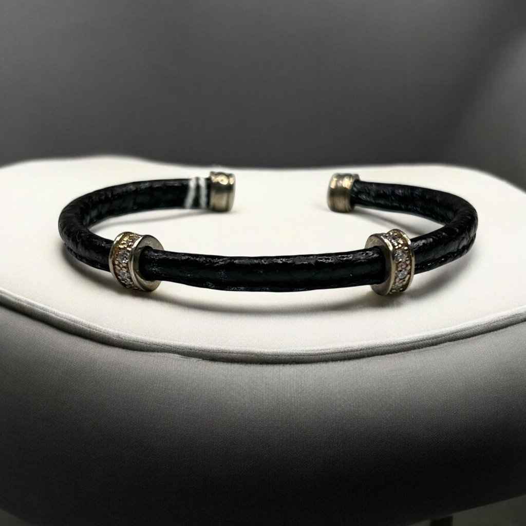 Black Leather Espo Cuff Bracelet With Rhinestone Accents & Silver-Tone Details